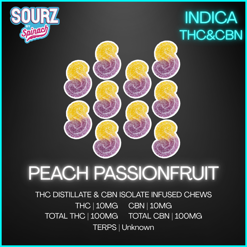 Sourz By Spinach - Fully Blasted Peach Passionfrt Cbn:Thc Chews Multi - 50G