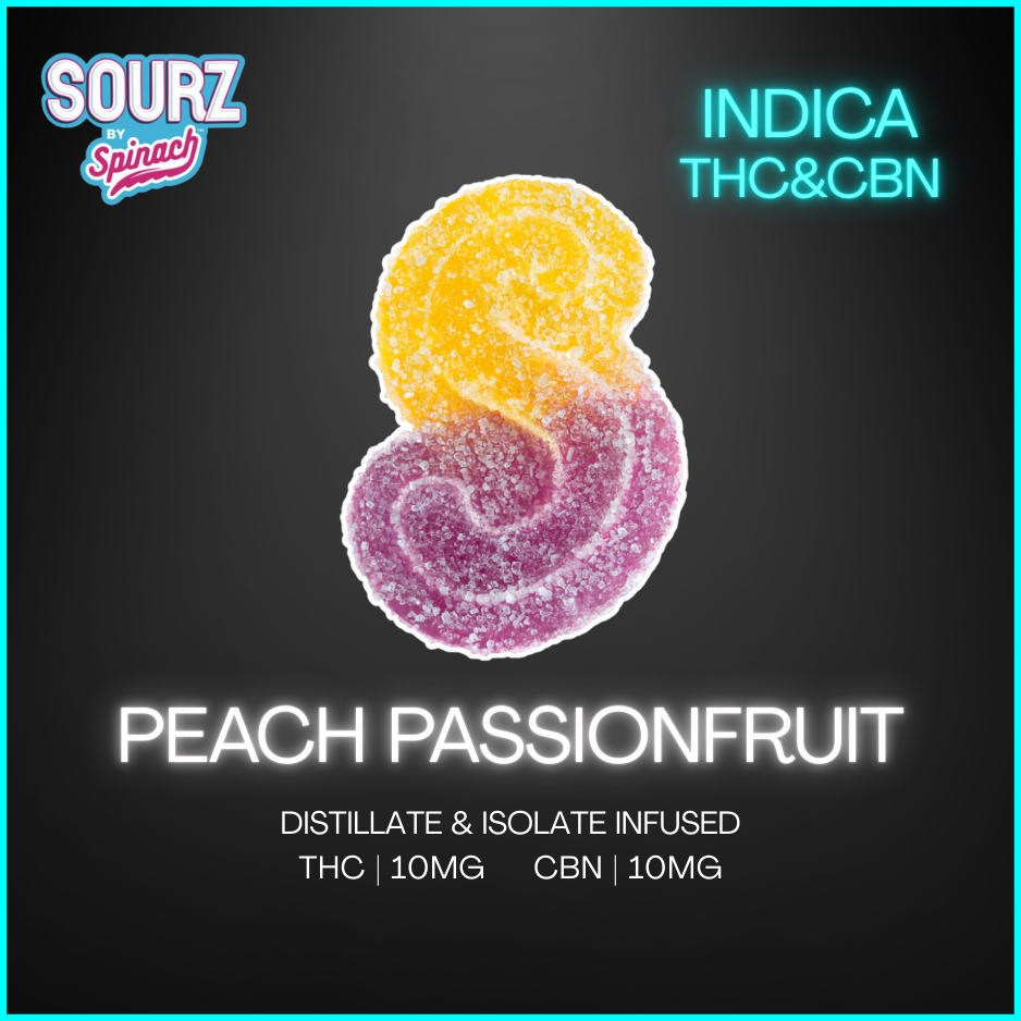 Sourz By Spinach - Fully Blasted Peach Passionfruit 1:1 Cbn:Thc Chews - 5G