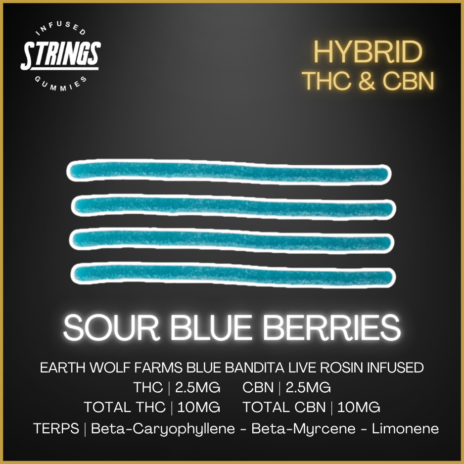 Strings - Sour Blue Berries Live Rosin Gummies (1:1 Cbn/Thc)