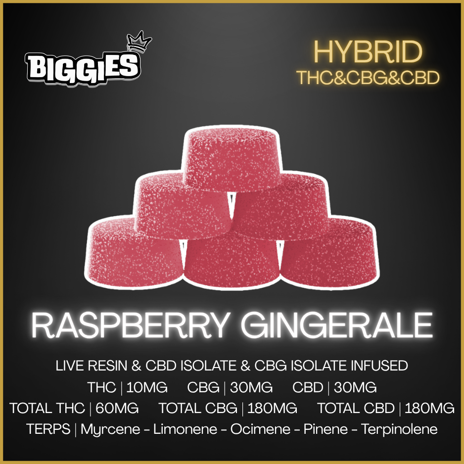 Biggies - Raspberry Ginger Ale Live Resin:CBG:CBD Chews - 6 x 10mg